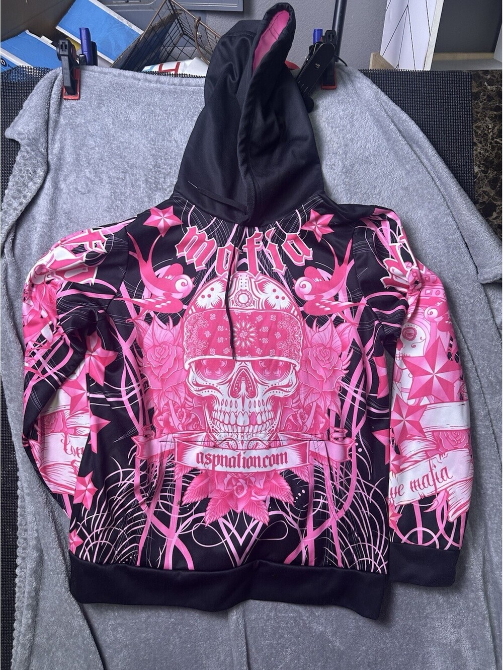 ASP Nation Mafia Hoodie Mens L Pink Skull Tattoo Softball Baseball Made USA